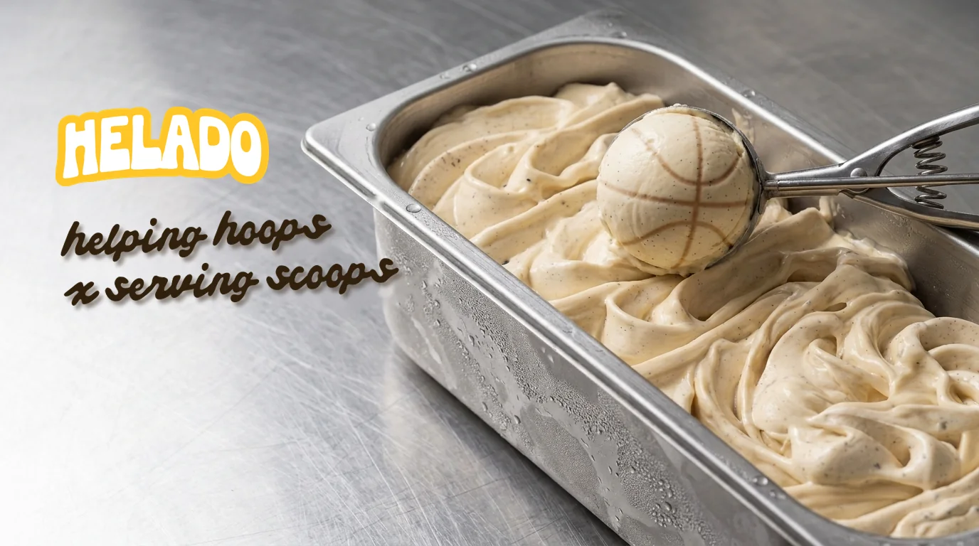 A steel tub of Helado vanilla bean gelato with a scoop shaped like a basketball